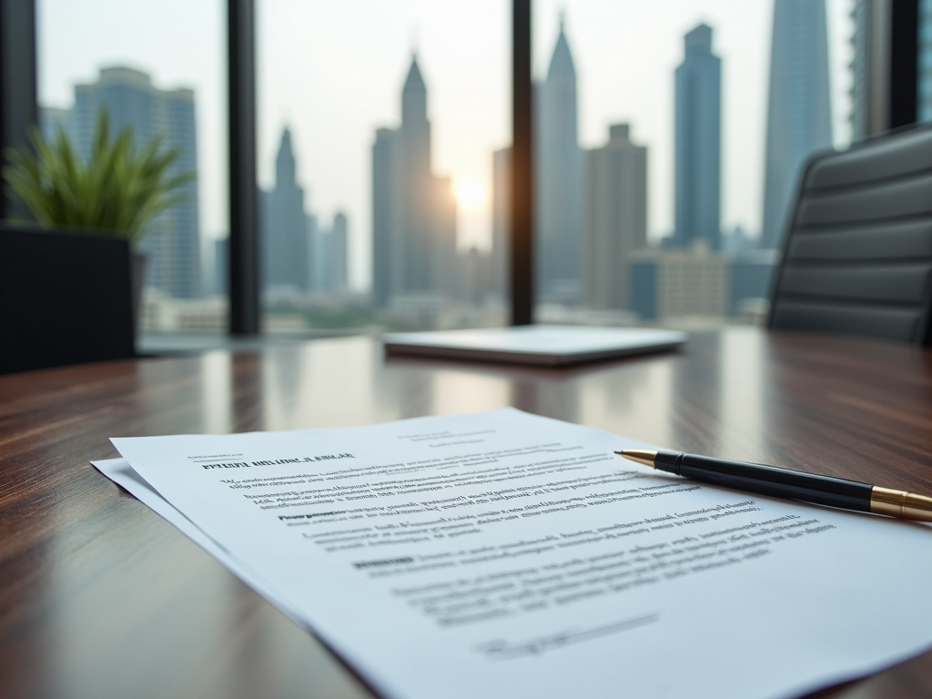 Document on a desk with a pen, overlooking a city skyline at sunrise.