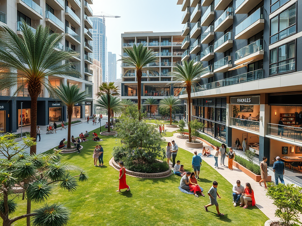 A vibrant shopping district with palm trees and people enjoying green spaces and outdoor seating under bright sunshine.