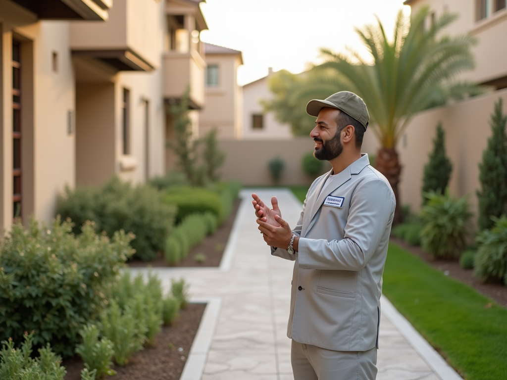 Man in beige suit standing in a landscaped pathway, smiling while using a smartphone.