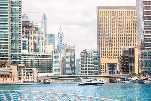 Skyline view of waterfront skyscrapers and yachts in Dubai marina, illustrating prime real estate market.