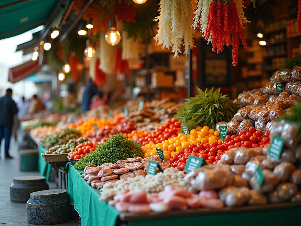 Vibrant market scene with stalls showcasing fresh vegetables, fruits, and assorted nuts, adorned with hanging chili strings.