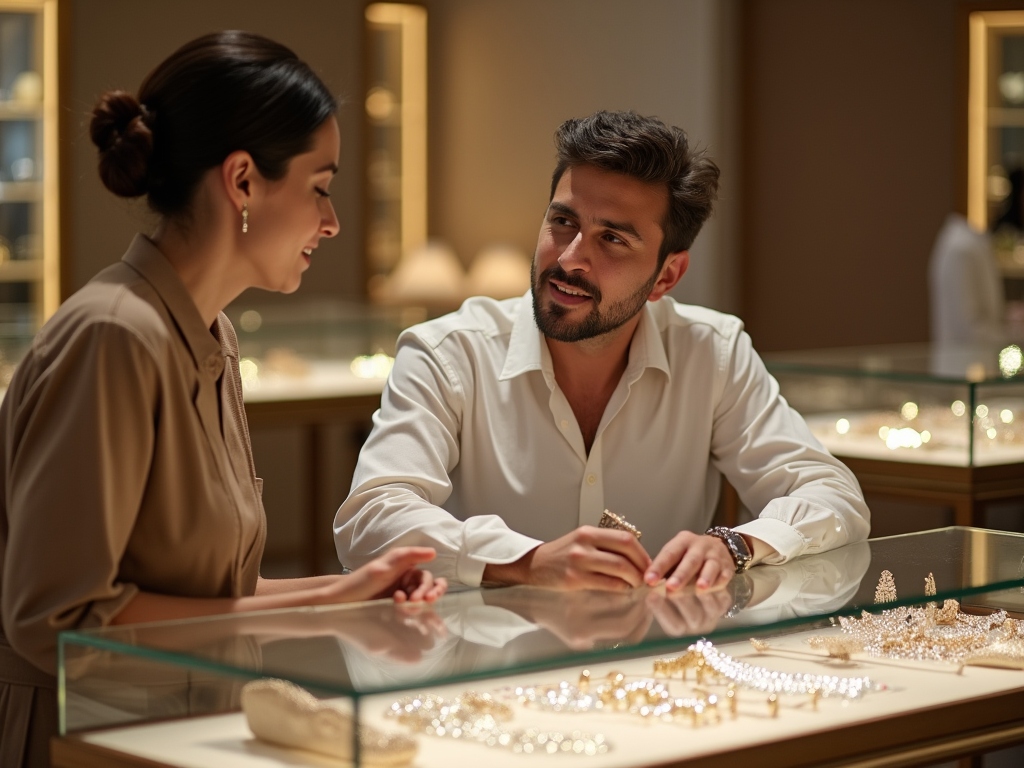 Young woman and man converse happily in a luxury jewelry store.