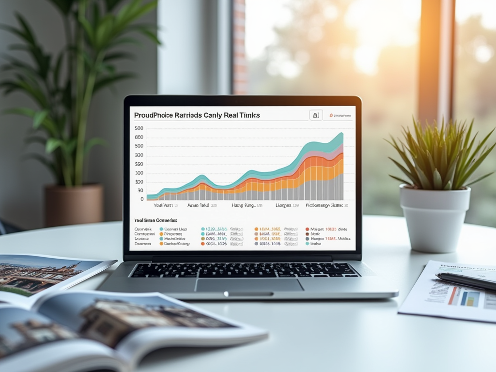 Laptop displaying colorful sales data graph on desk with plants and blurred paperwork.