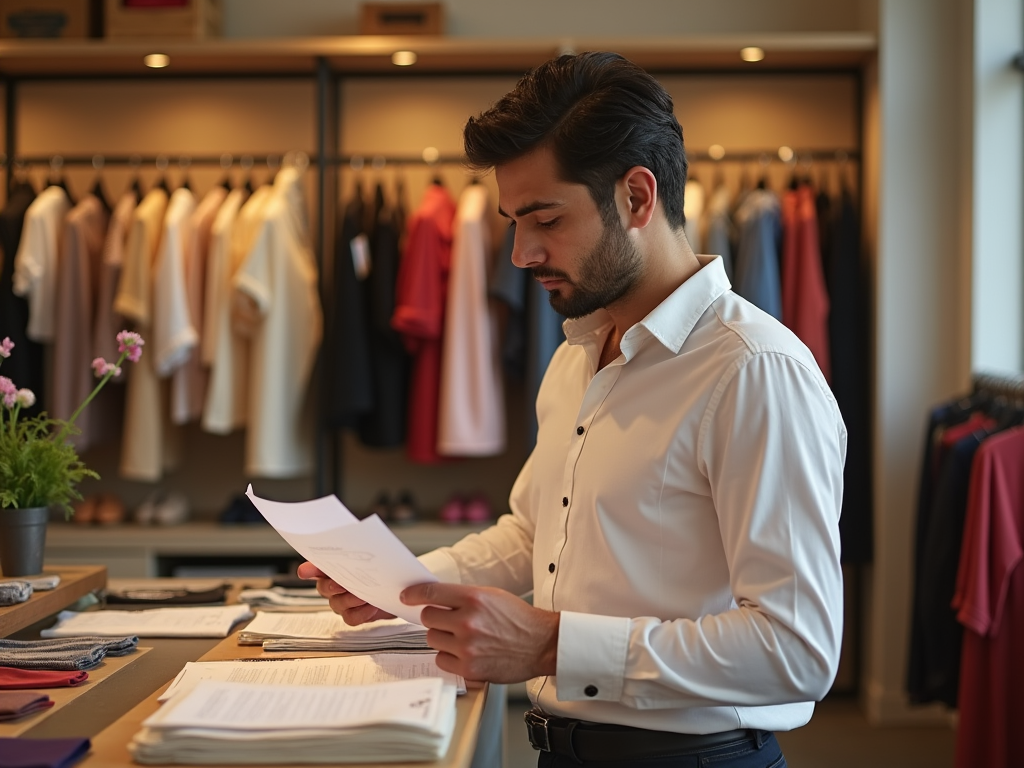 Man in white shirt reviews documents in a clothing store.