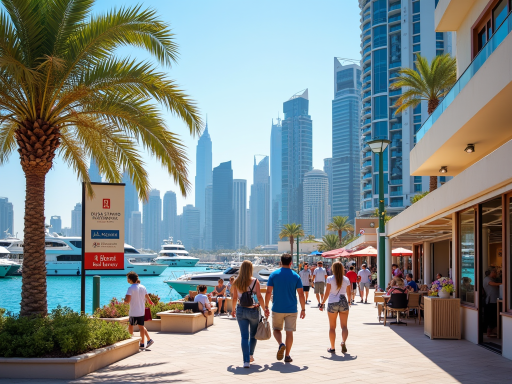 People walking along a seaside promenade with palm trees and modern skyscrapers in the background.