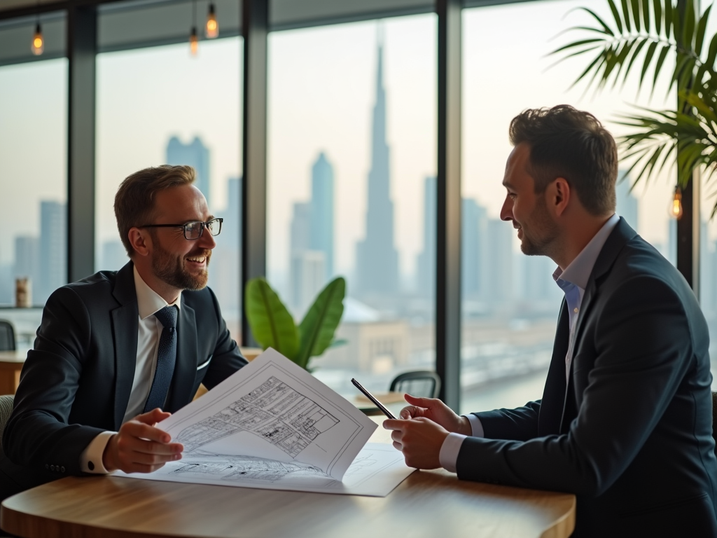 Two businessmen discussing over documents in a modern office with cityscape in the background.