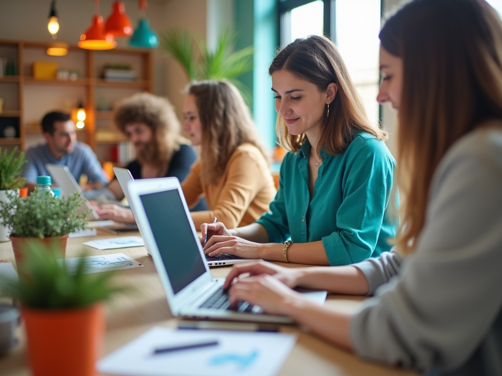 Young professionals working together at a modern, colorful office space with laptops.