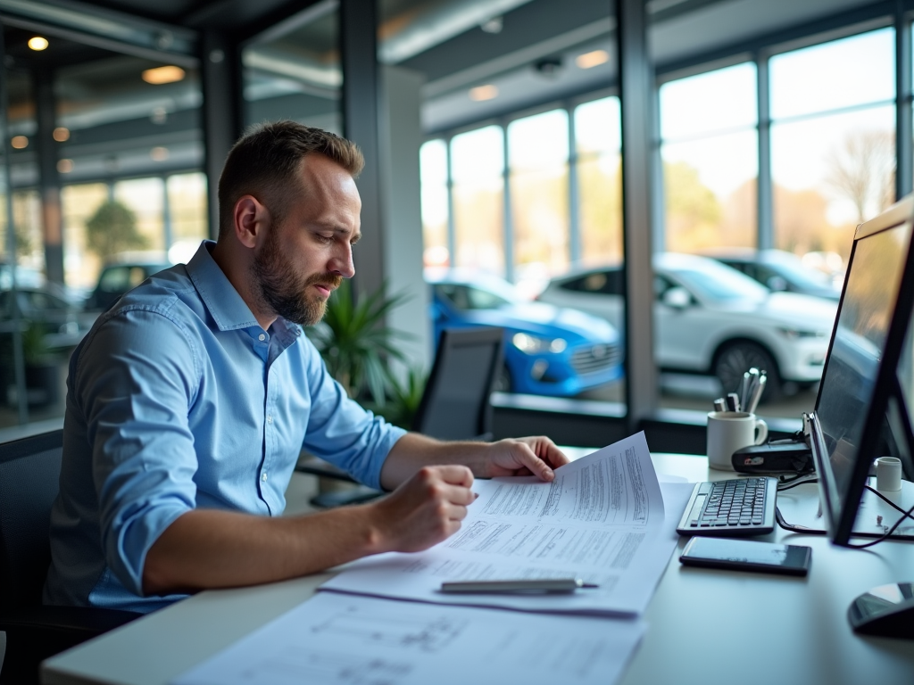 Focused businessman reviewing documents at desk with computer in bright office.