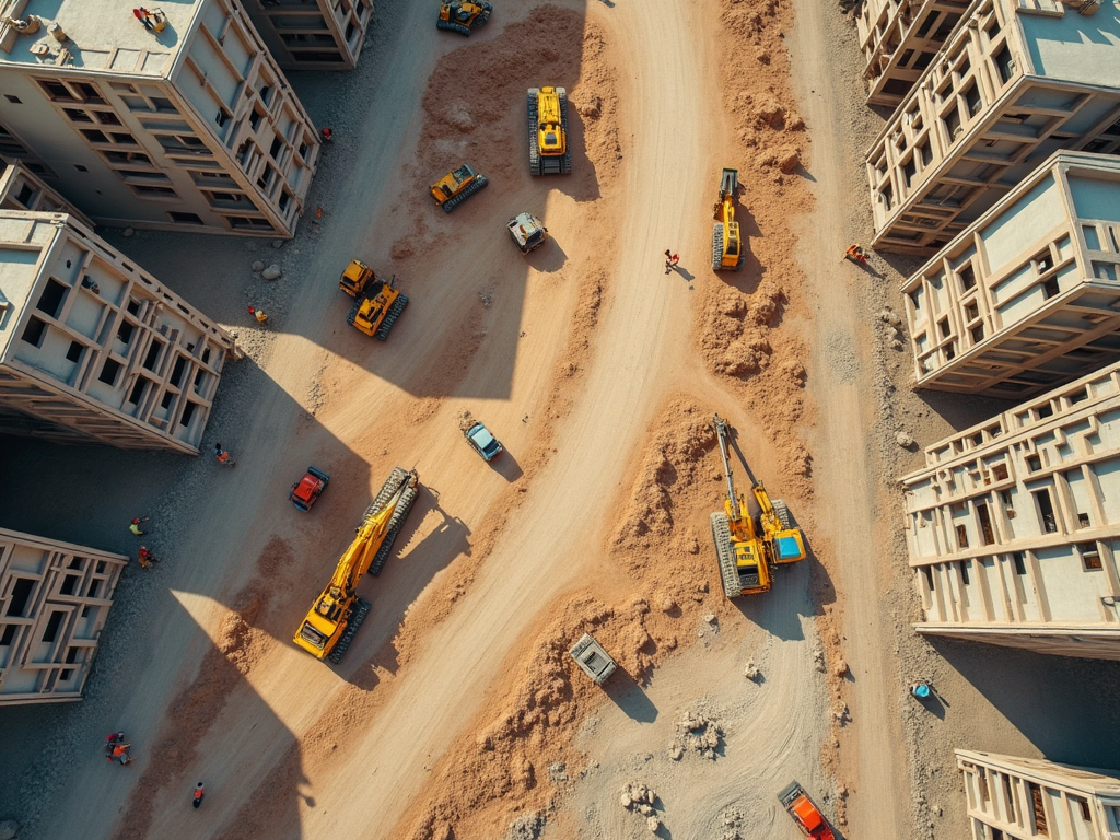 Aerial view of a busy construction site with workers and heavy machinery among unfinished buildings.