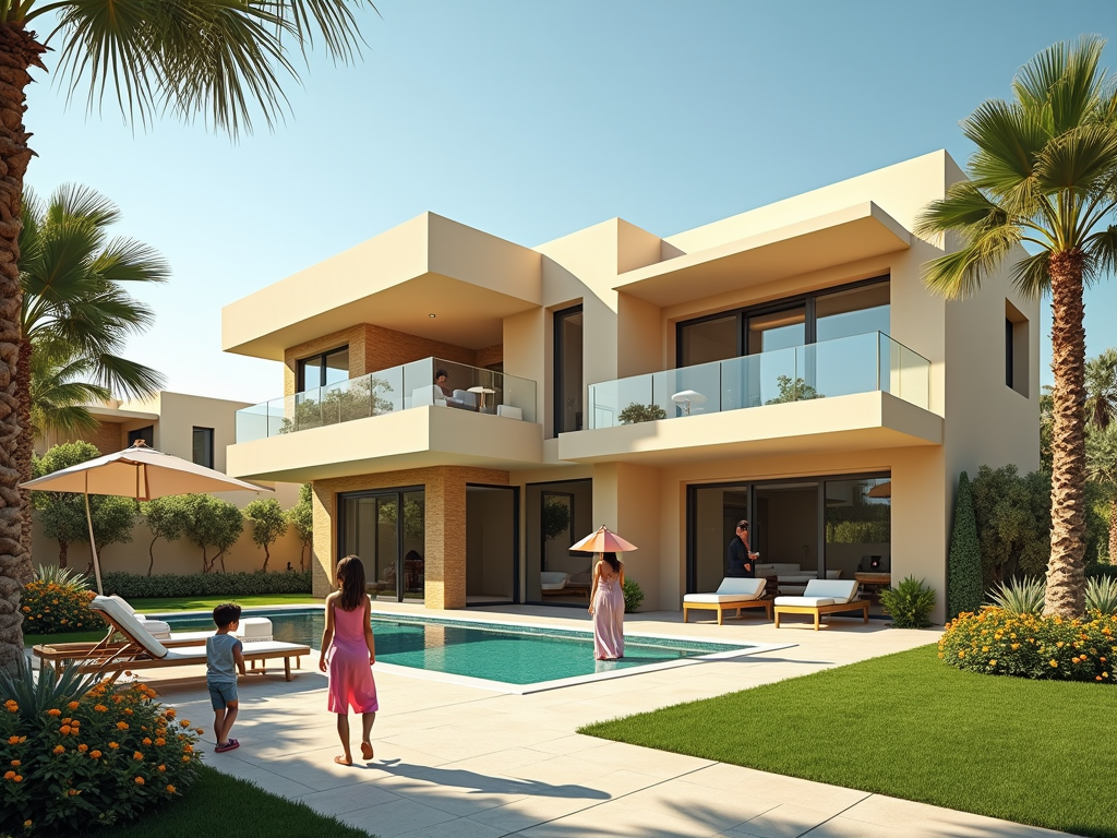 Modern two-story house with balcony, surrounded by palm trees and a pool, with a family enjoying the sunny day.