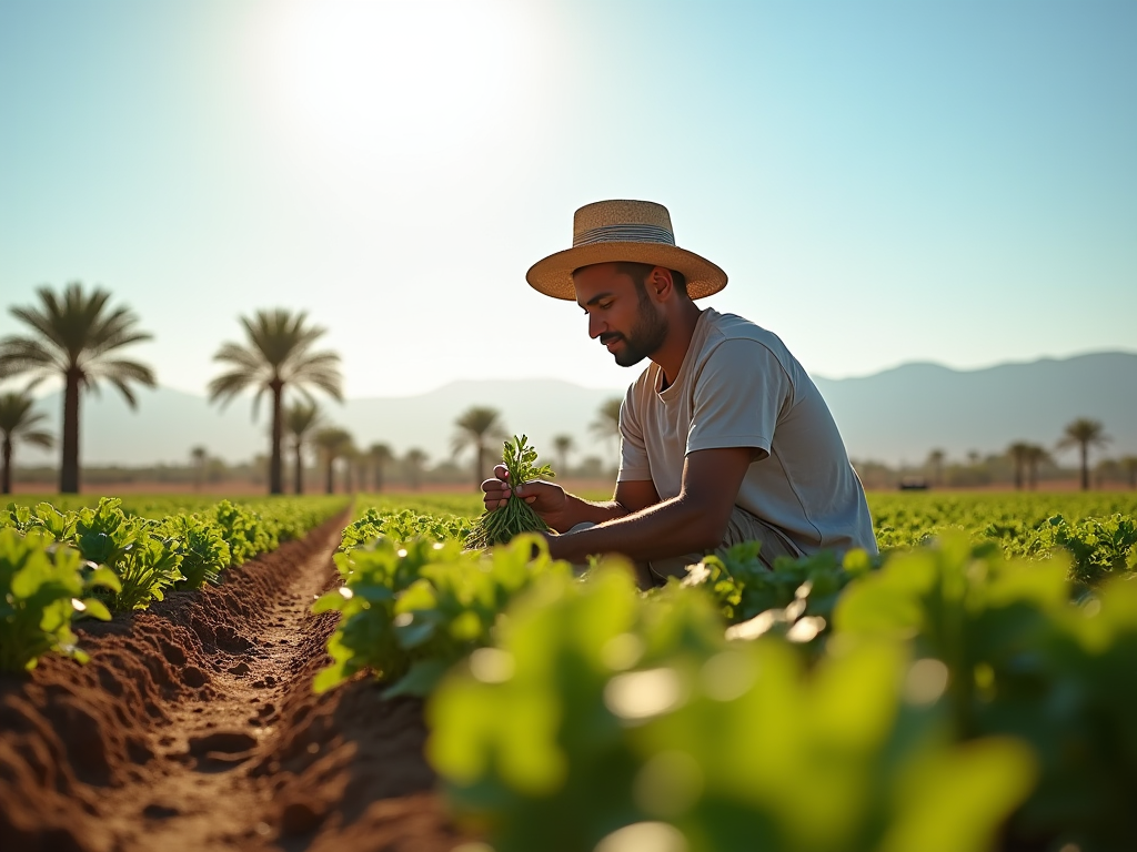 Man examining plants in a field at sunset, palm trees in the background.