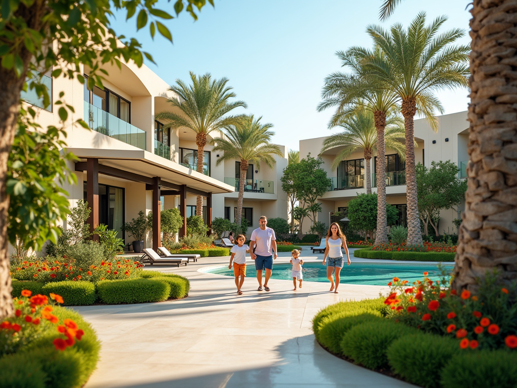 Family walking in a lush garden at a resort, flanked by palm trees and modern buildings.