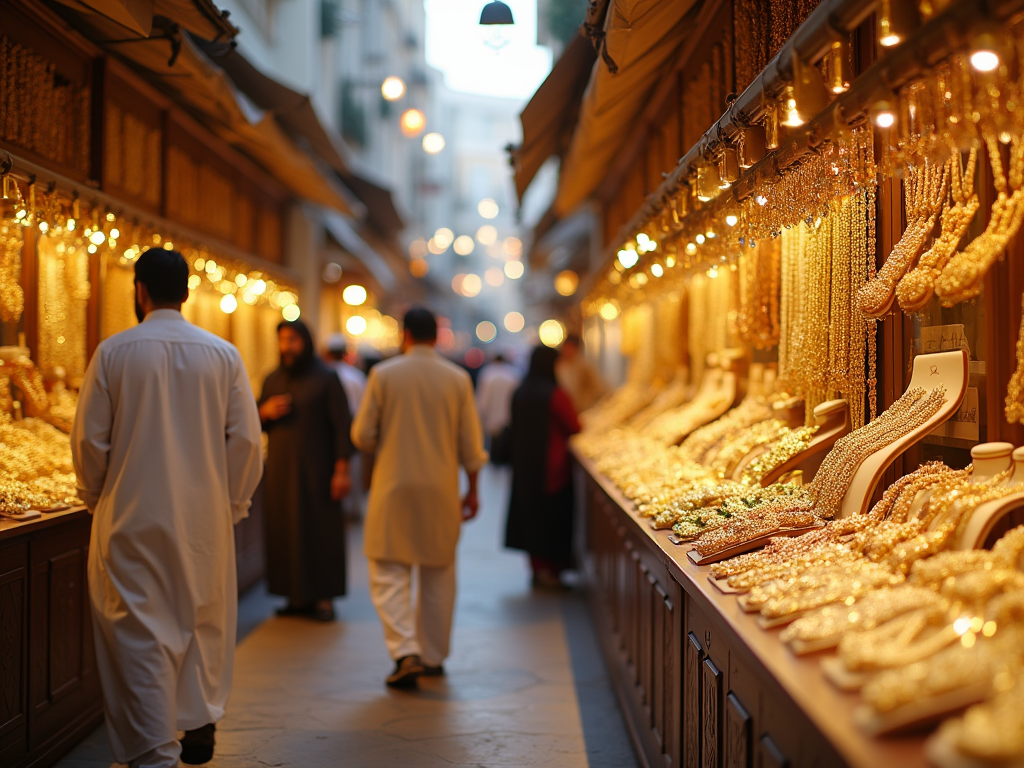 Men walking past vibrant gold jewelry displays in a bustling market alley.