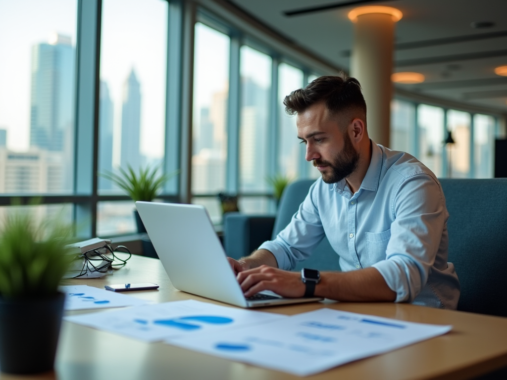 Man working on laptop in modern office with cityscape view.