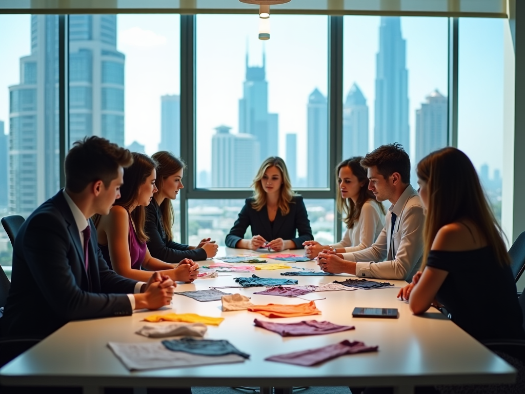 Group of professionals in a meeting, discussing over documents, with city skyline in background.