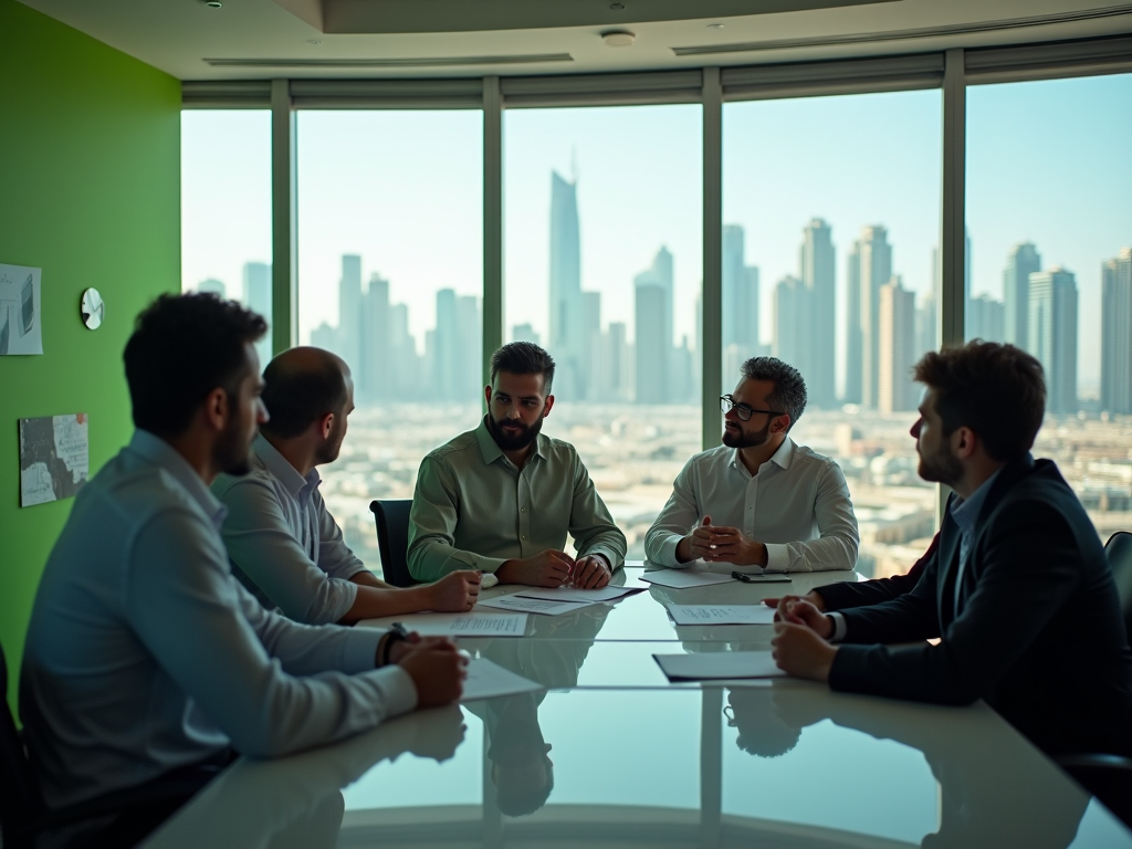 Businessmen in a meeting with a cityscape background through large windows in a bright office.