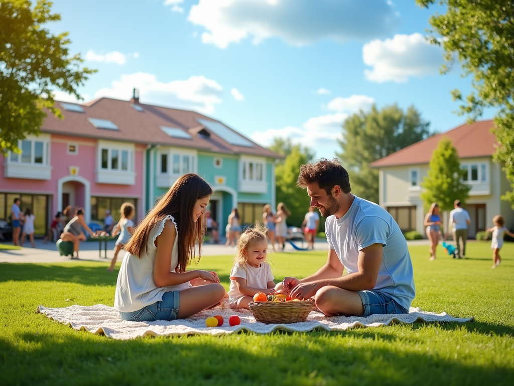 Family enjoys a picnic on a sunny day in a vibrant neighborhood park.