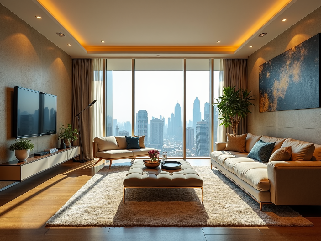 Modern living room with large windows overlooking a city skyline, stylish furniture, and warm lighting.