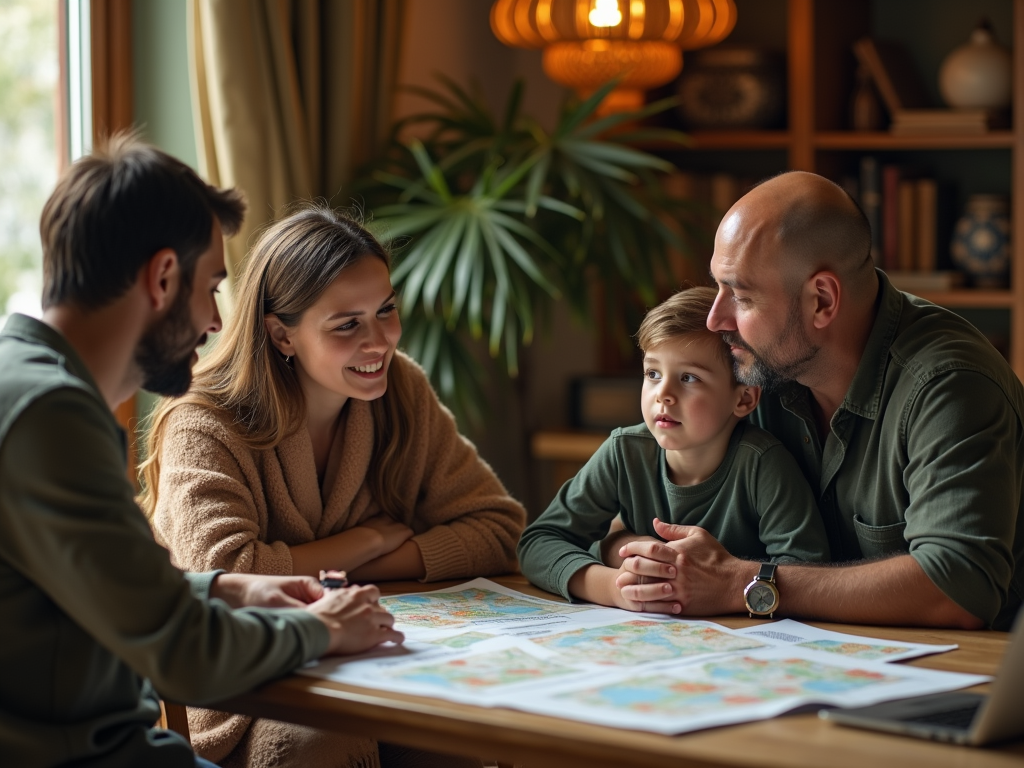 Family with a child discussing a map at a table, with warm lighting and cozy home interior.