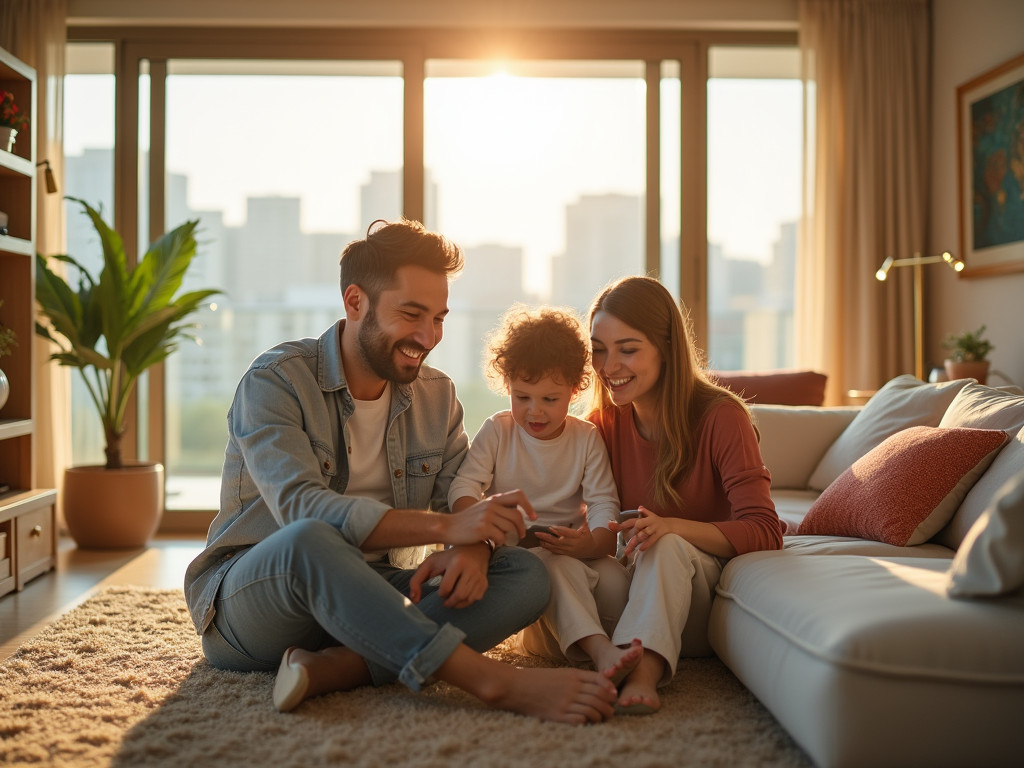 Happy family with a toddler playing on a smartphone in a sunny living room.