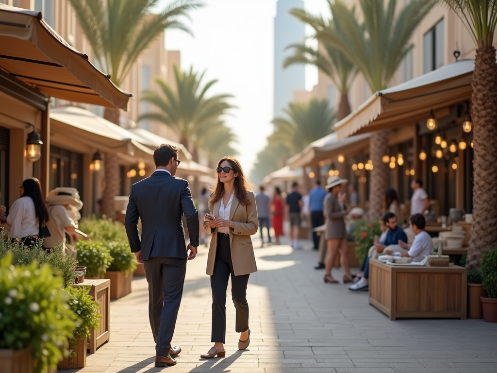 Two professionals walking and chatting in a bustling outdoor market area lined with restaurants and shops.