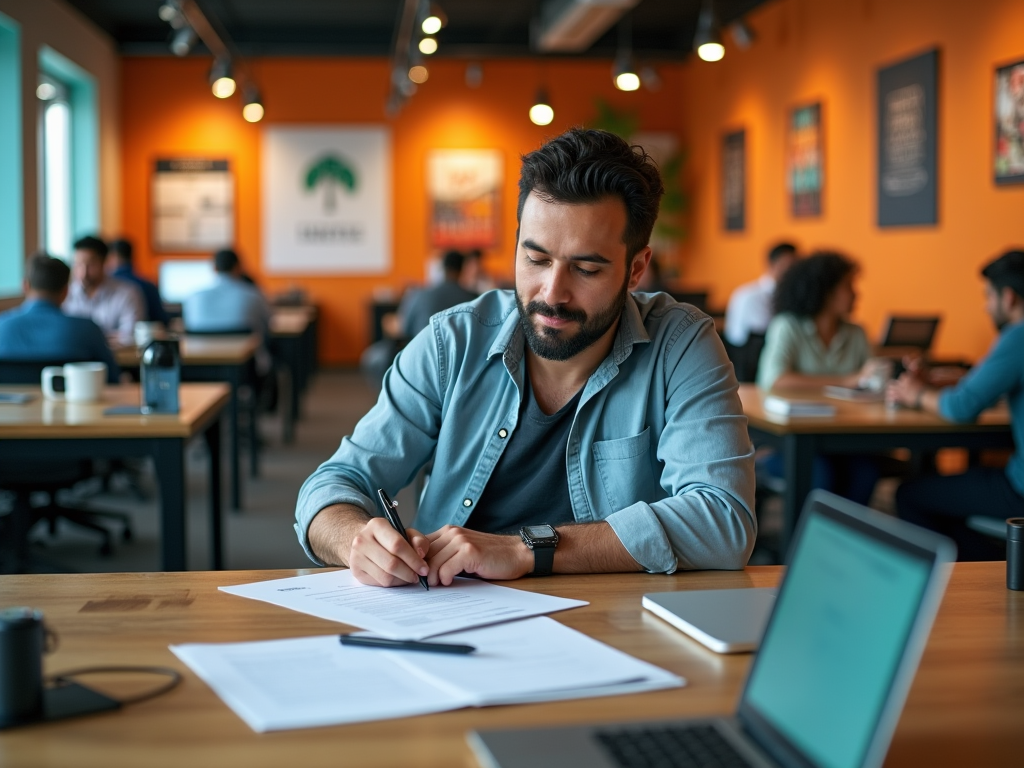 Man writing on paper in a busy, orange-walled office with a laptop beside him.