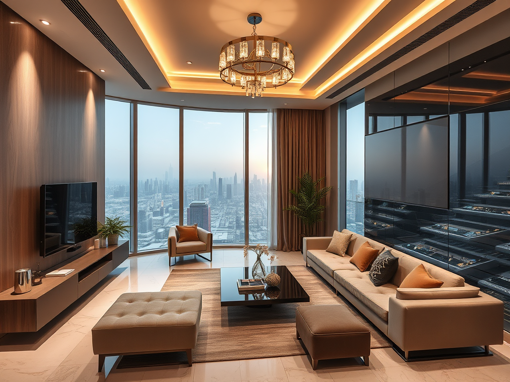 A modern living room with large windows, elegant furniture, and city skyline views at sunset. Warm lighting accents the space.