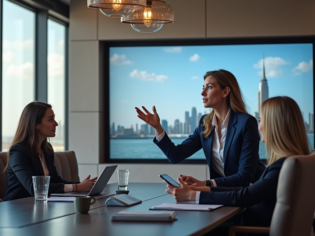 Businesswoman speaking in a meeting with colleagues in an office with cityscape background.