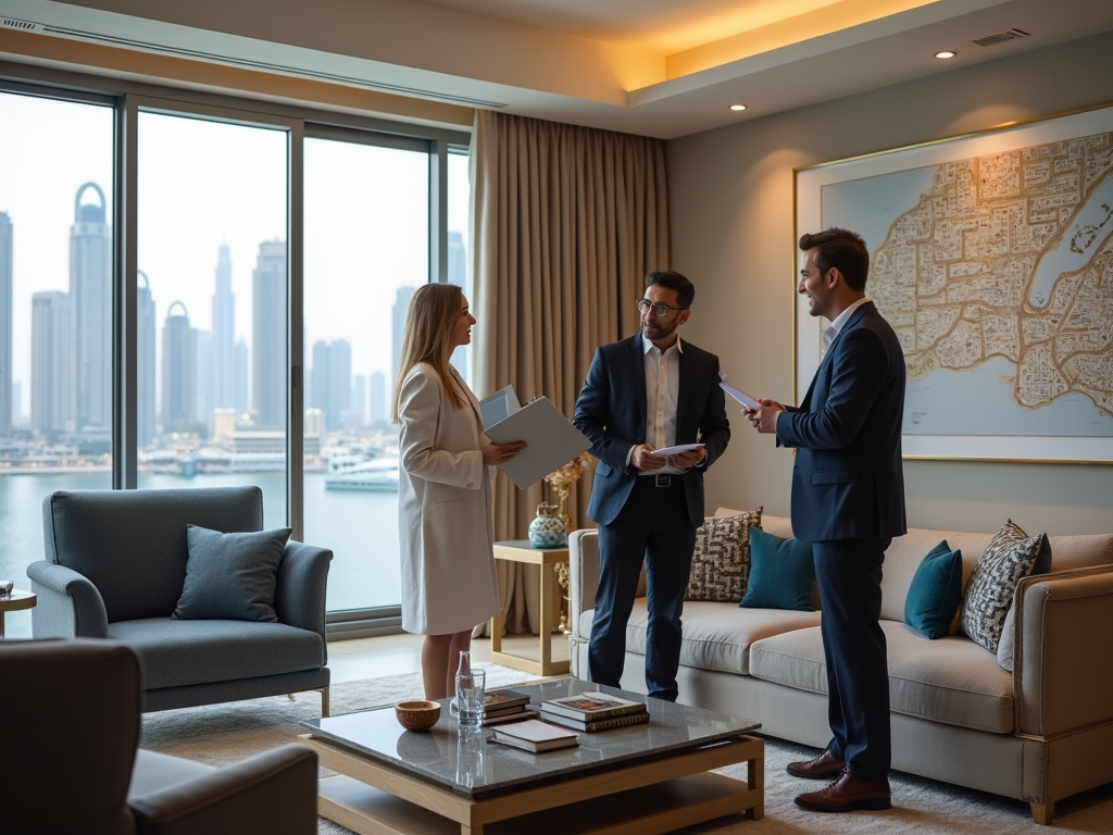 Three professionals discussing over documents in a stylish living room with a city skyline view.