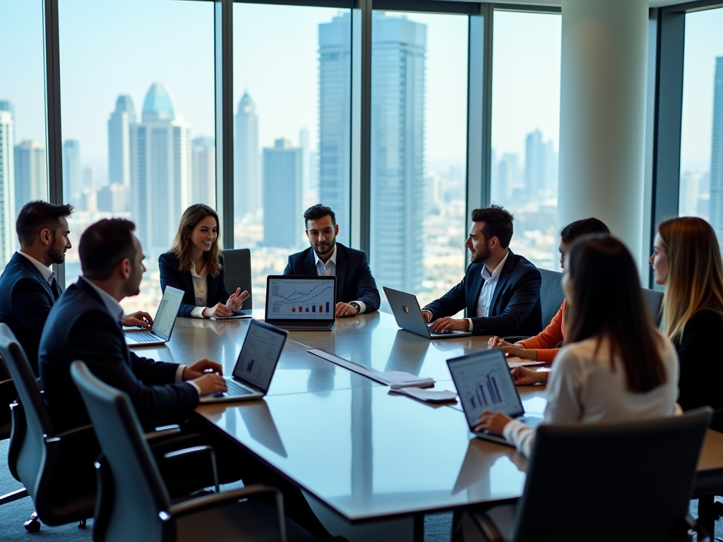 Business professionals discussing graphs in a meeting room with city skyline view through large windows.