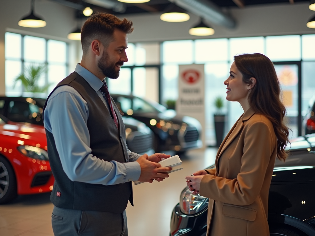 Man and woman exchanging card in car dealership.