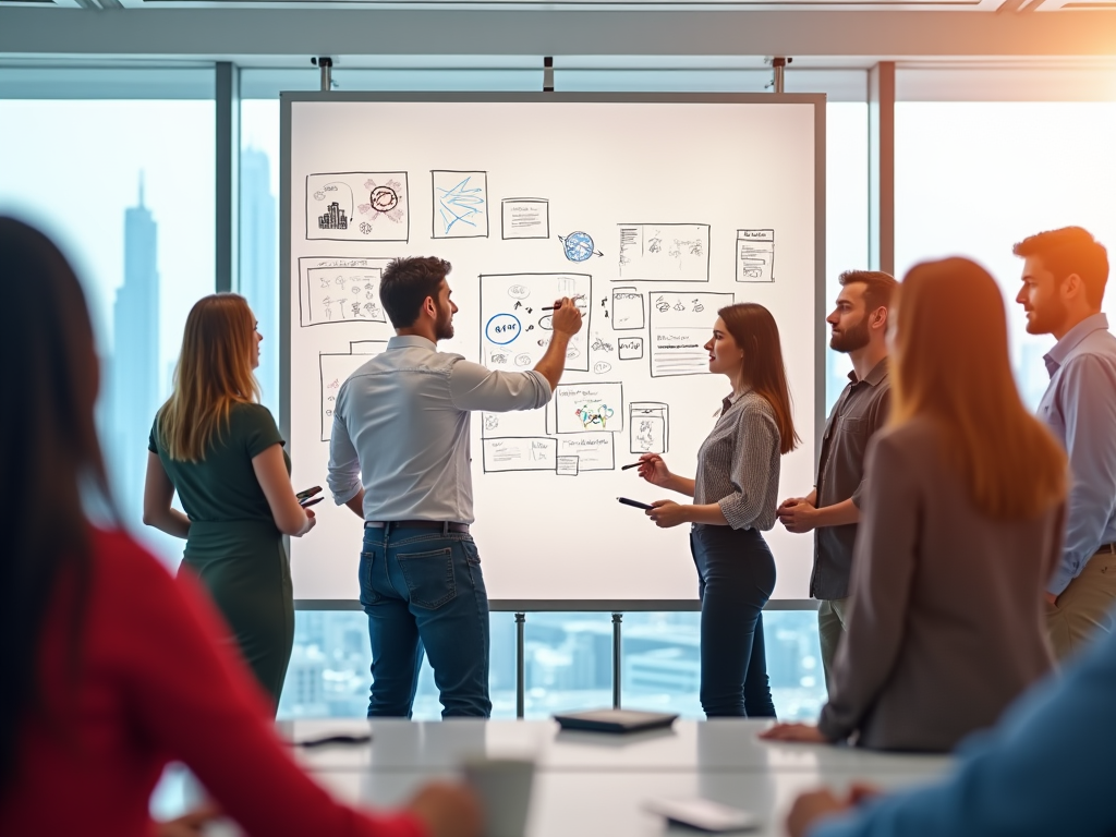 Man explaining strategy on whiteboard to colleagues in modern office with large windows.