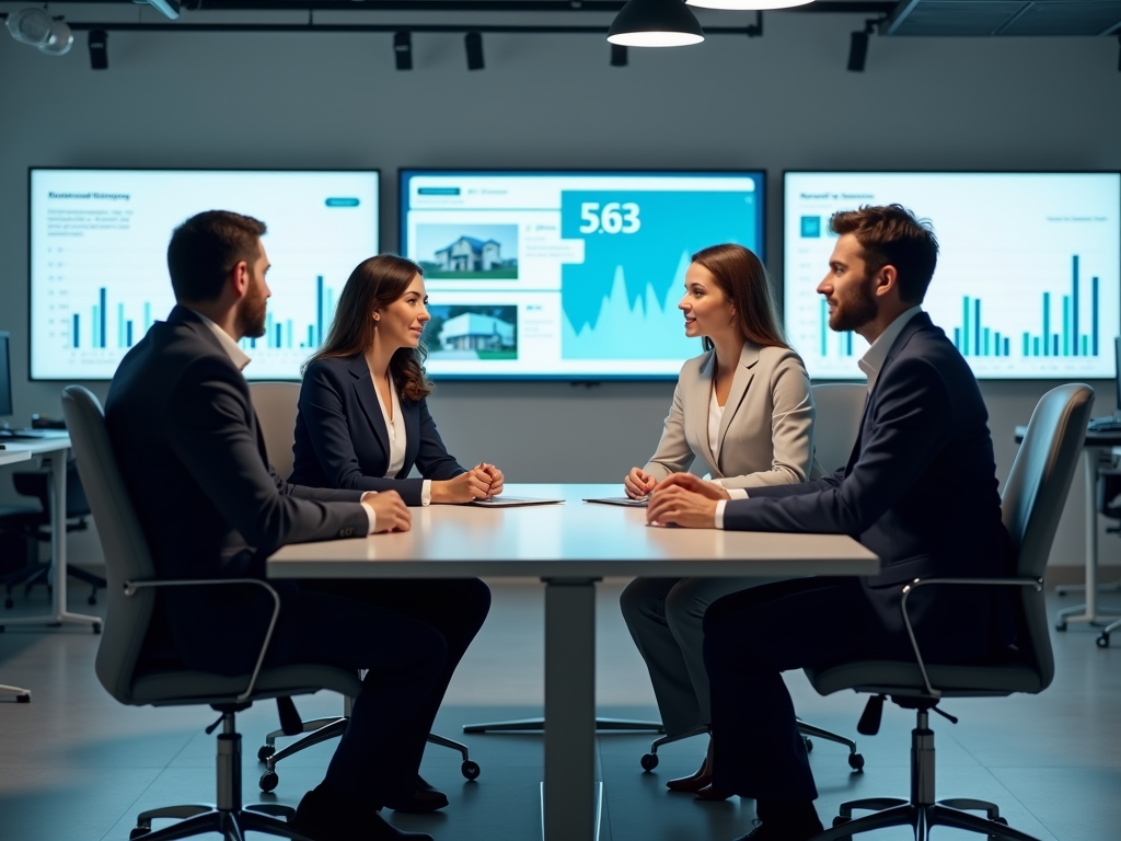 Four professionals discussing data analytics in a modern office with screens displaying graphs.