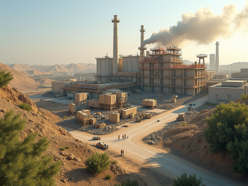 Industrial plant in a desert landscape with visible emissions from smokestacks, surrounded by hills.