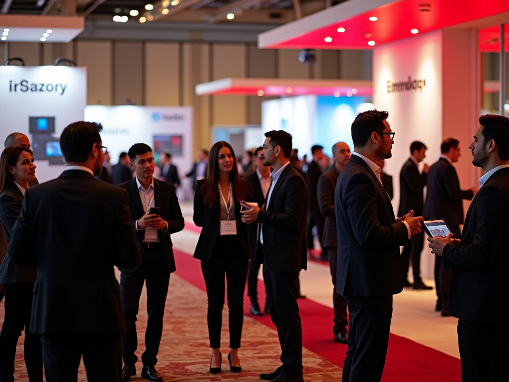 Professionals networking at a busy trade show with company booths in the background.