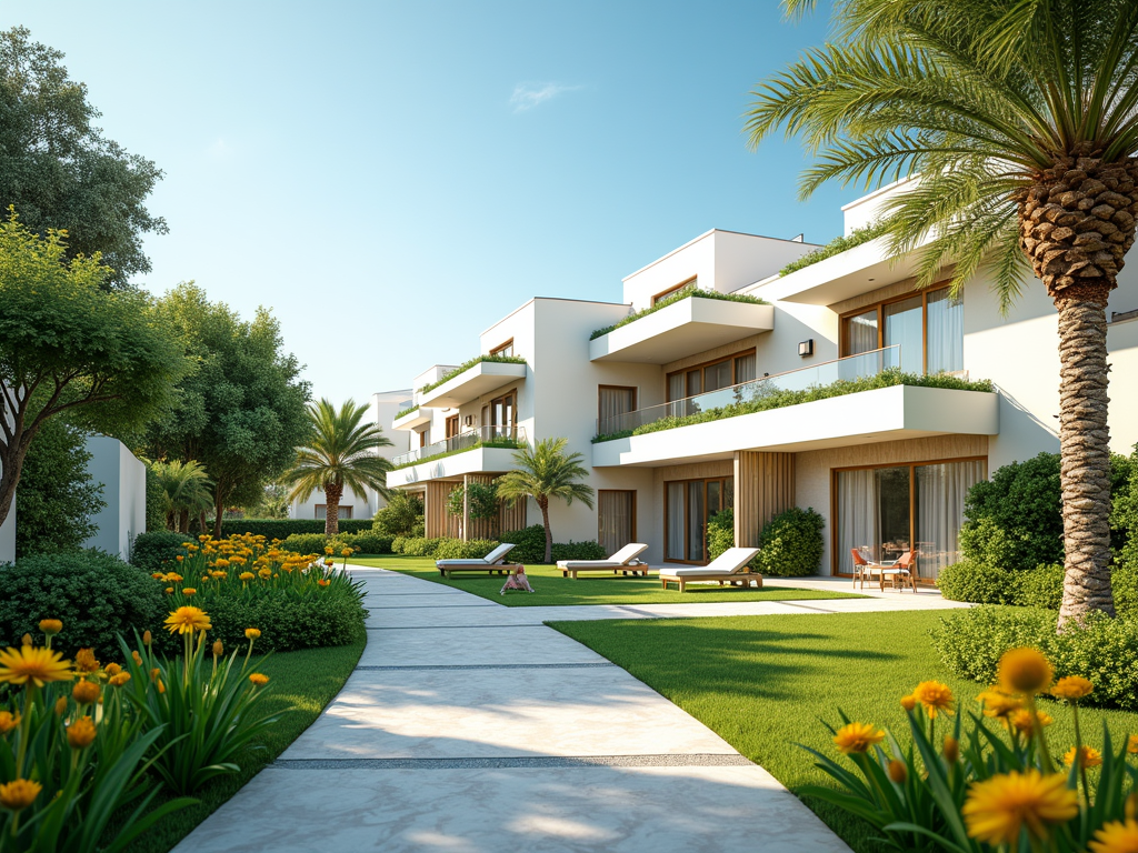 Luxurious modern villas with lush gardens, palm trees, and sunbeds under a clear sky.