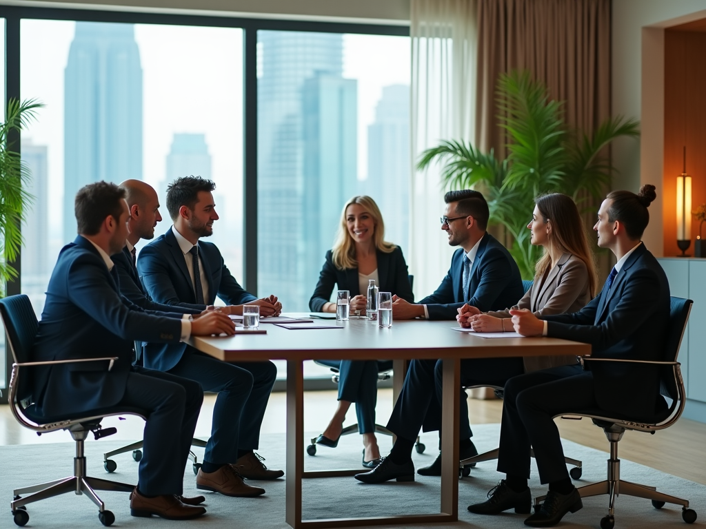 Business professionals in a meeting around a table in a high-rise office with a city view.