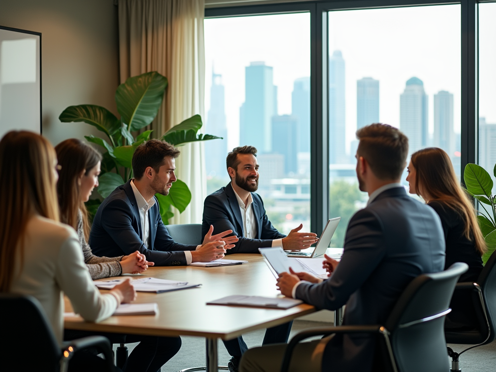 Group of professionals in a meeting with city skyline in background.