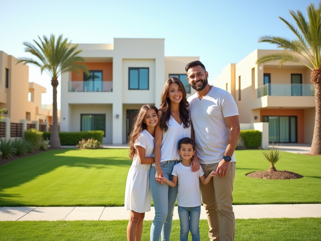 Family of four smiling in front of their modern house with green lawn.