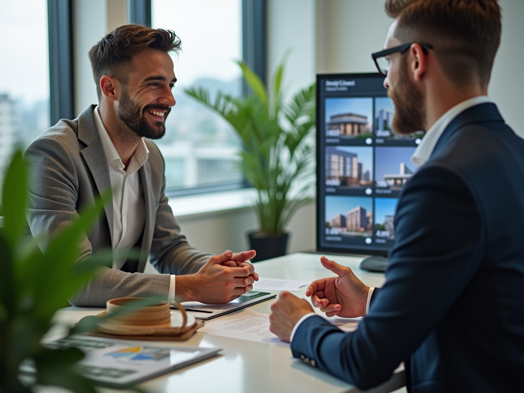 Two men discussing in office with digital real estate display in background.