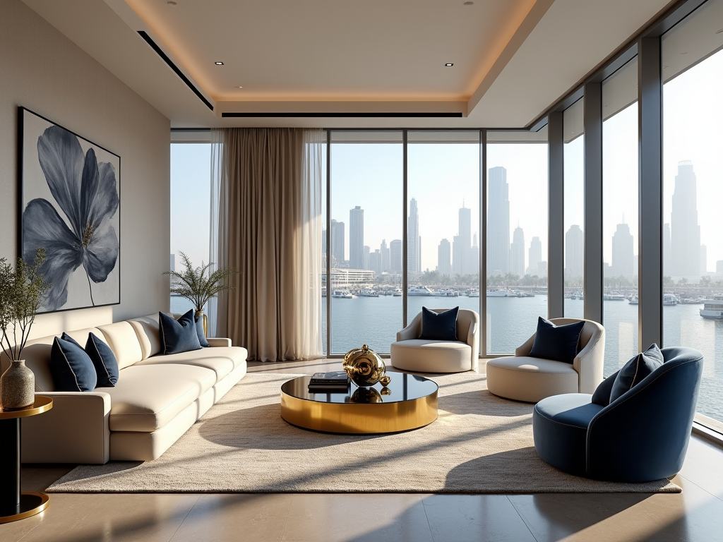 Luxurious living room with modern furniture, large windows overlooking a city skyline and water.